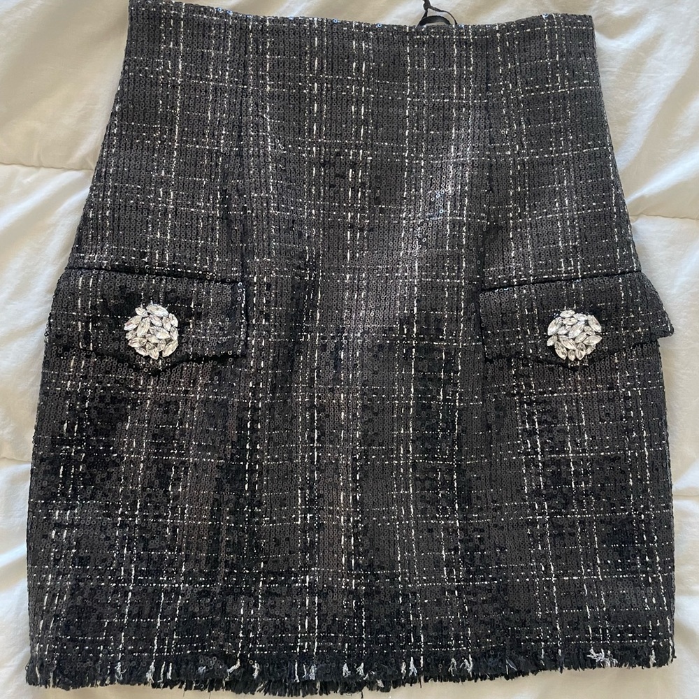 Balmain Black Tweed Skirt with Crystal Embellishments